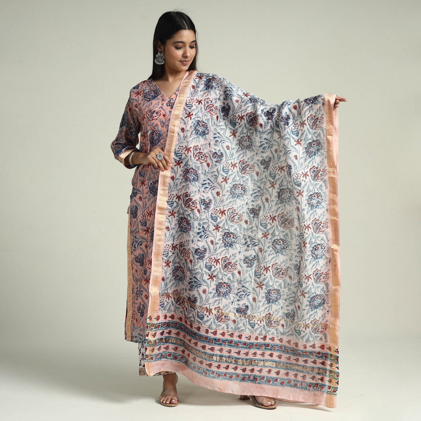 Peach - Sanganeri Block Printed Maheshwari Silk Kurta with Palazzo & Dupatta Set