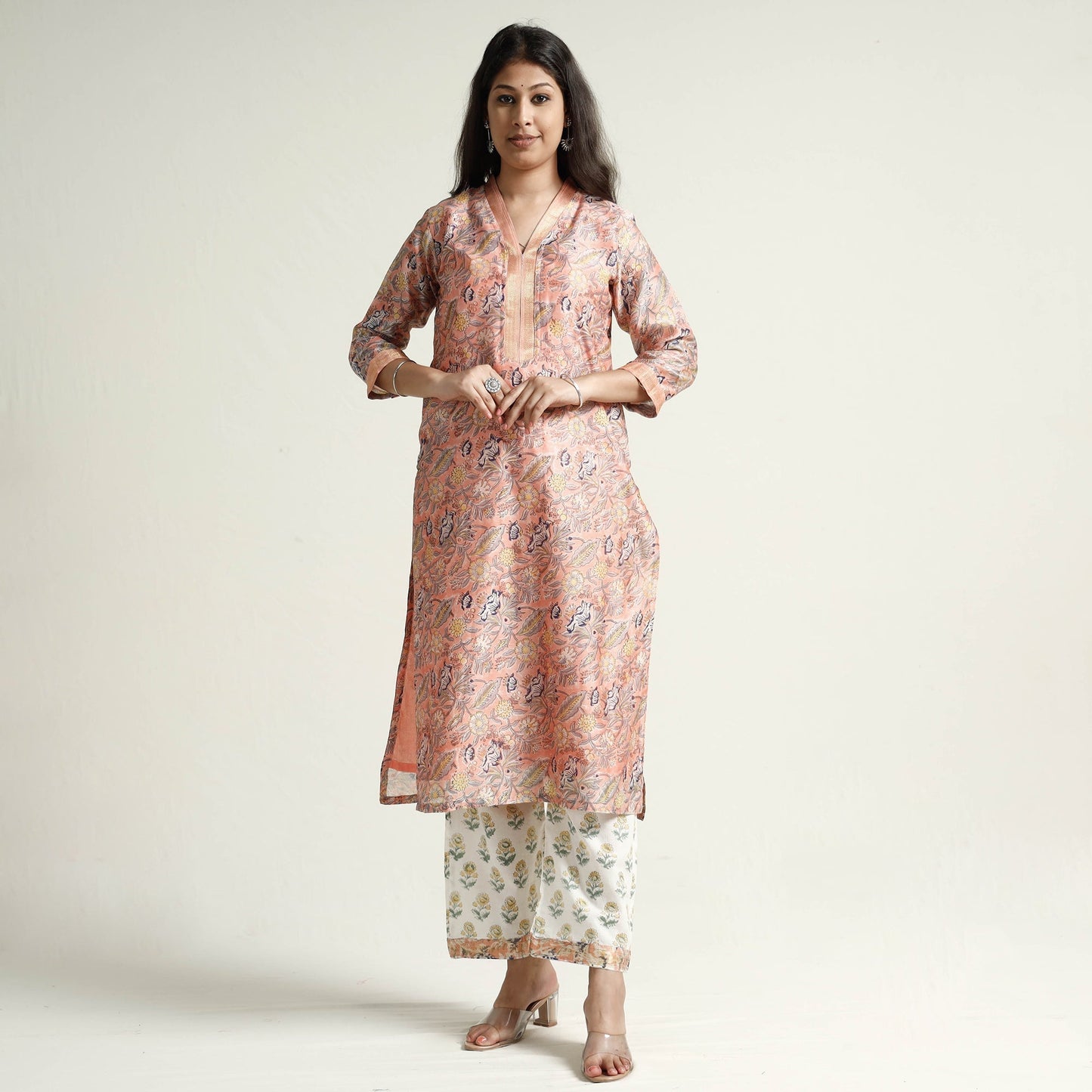 Sanganeri Block Printed Maheshwari Silk Kurta with Palazzo & Dupatta Set Online at iTokri.com