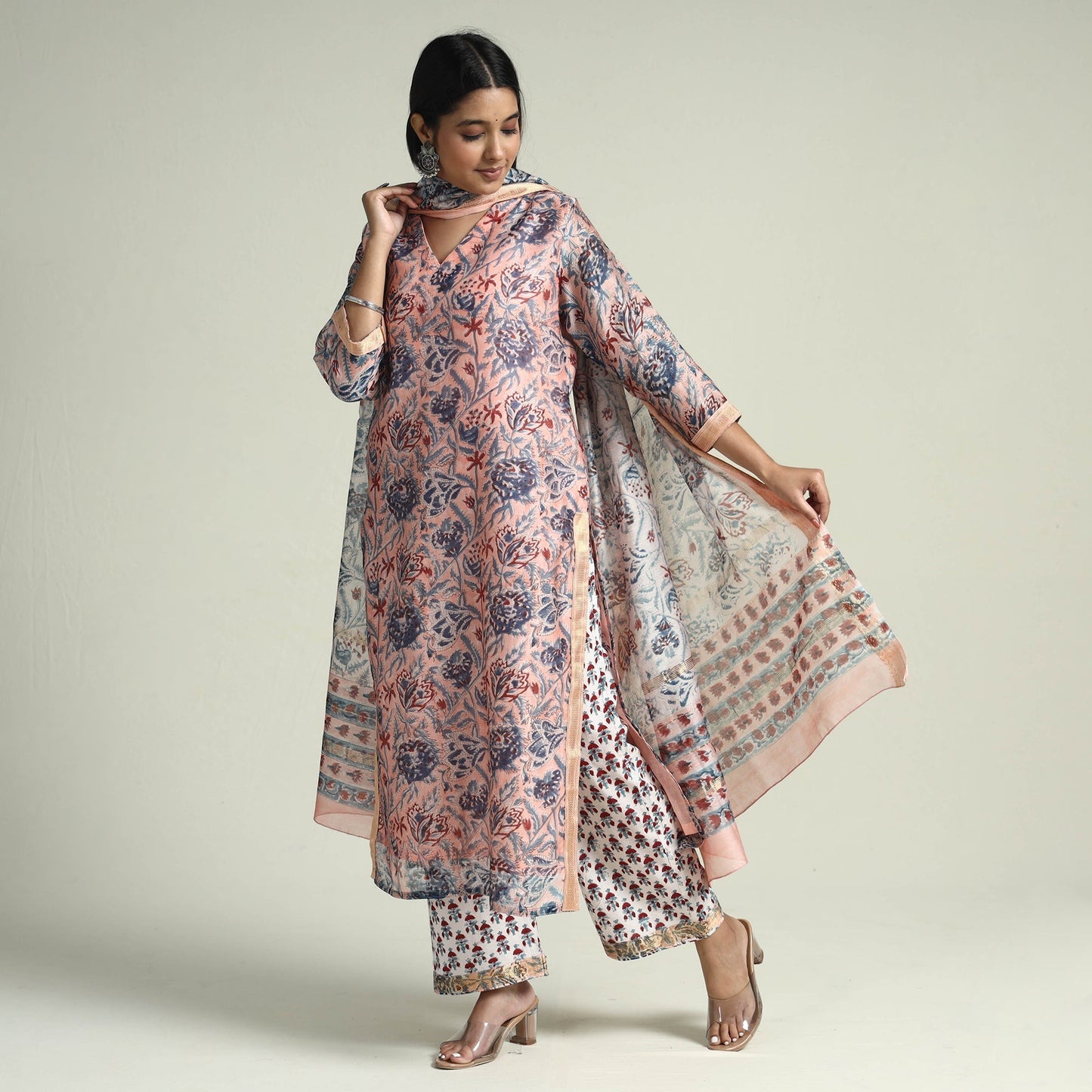 Peach - Sanganeri Block Printed Maheshwari Silk Kurta with Palazzo & Dupatta Set