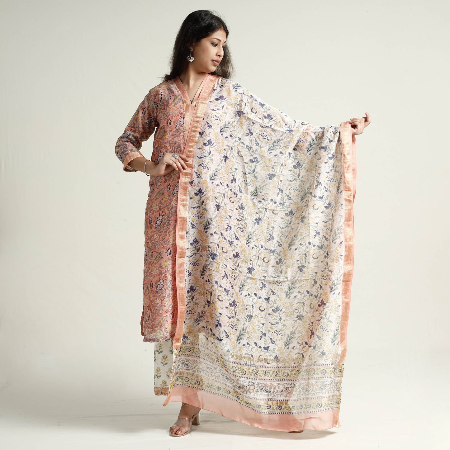 Sanganeri Block Printed Maheshwari Silk Kurta with Palazzo & Dupatta Set Online at iTokri.com