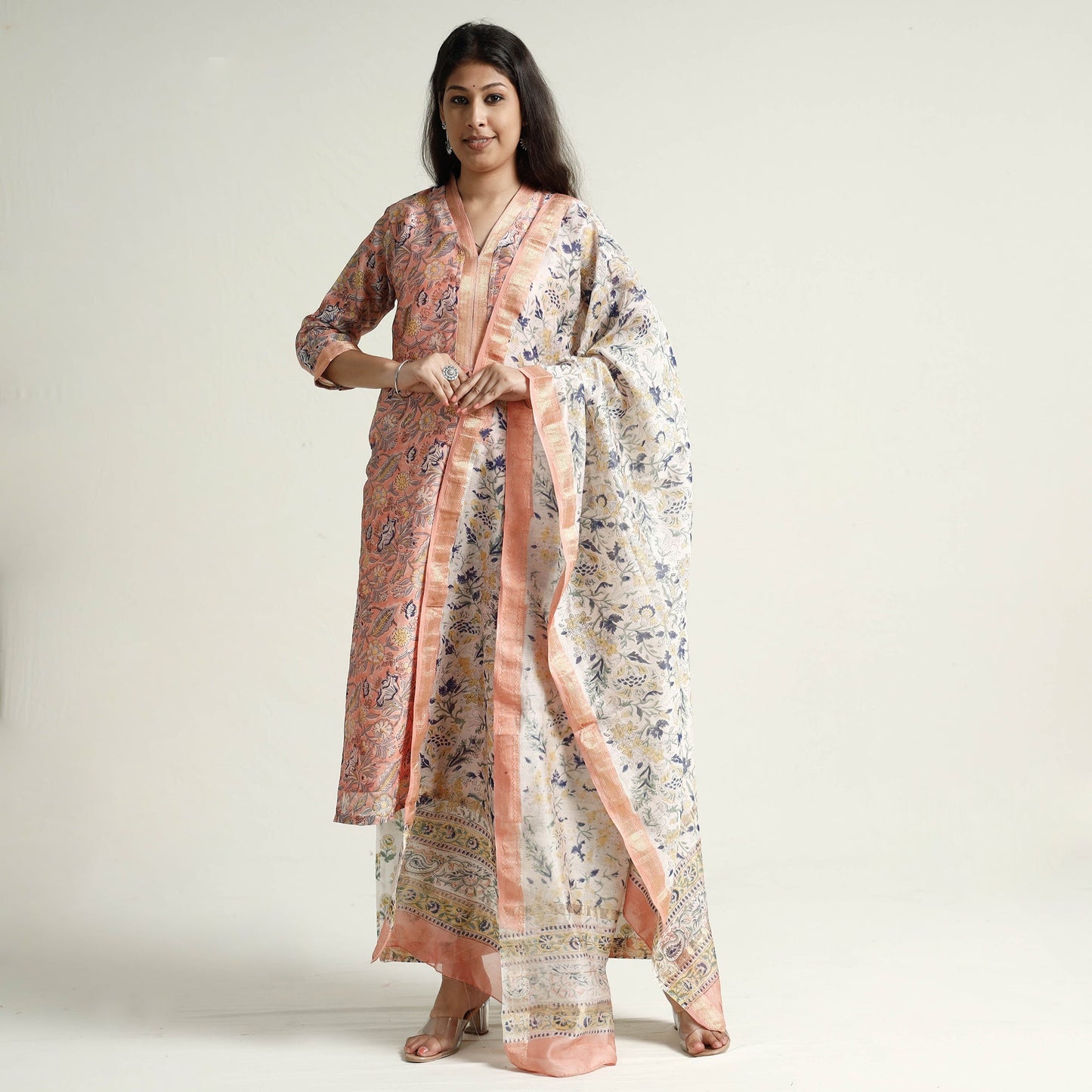 Sanganeri Block Printed Maheshwari Silk Kurta with Palazzo & Dupatta Set Online at iTokri.com