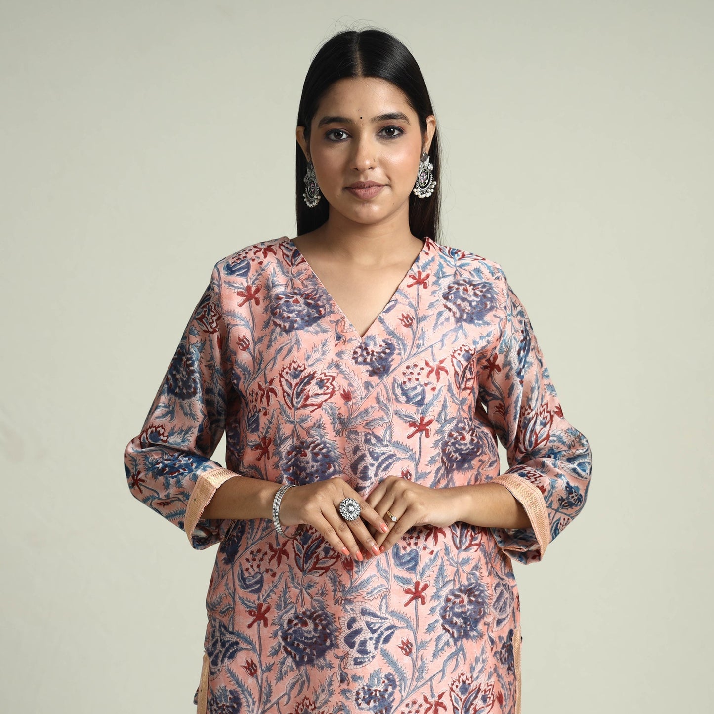 Peach - Sanganeri Block Printed Maheshwari Silk Kurta with Palazzo & Dupatta Set