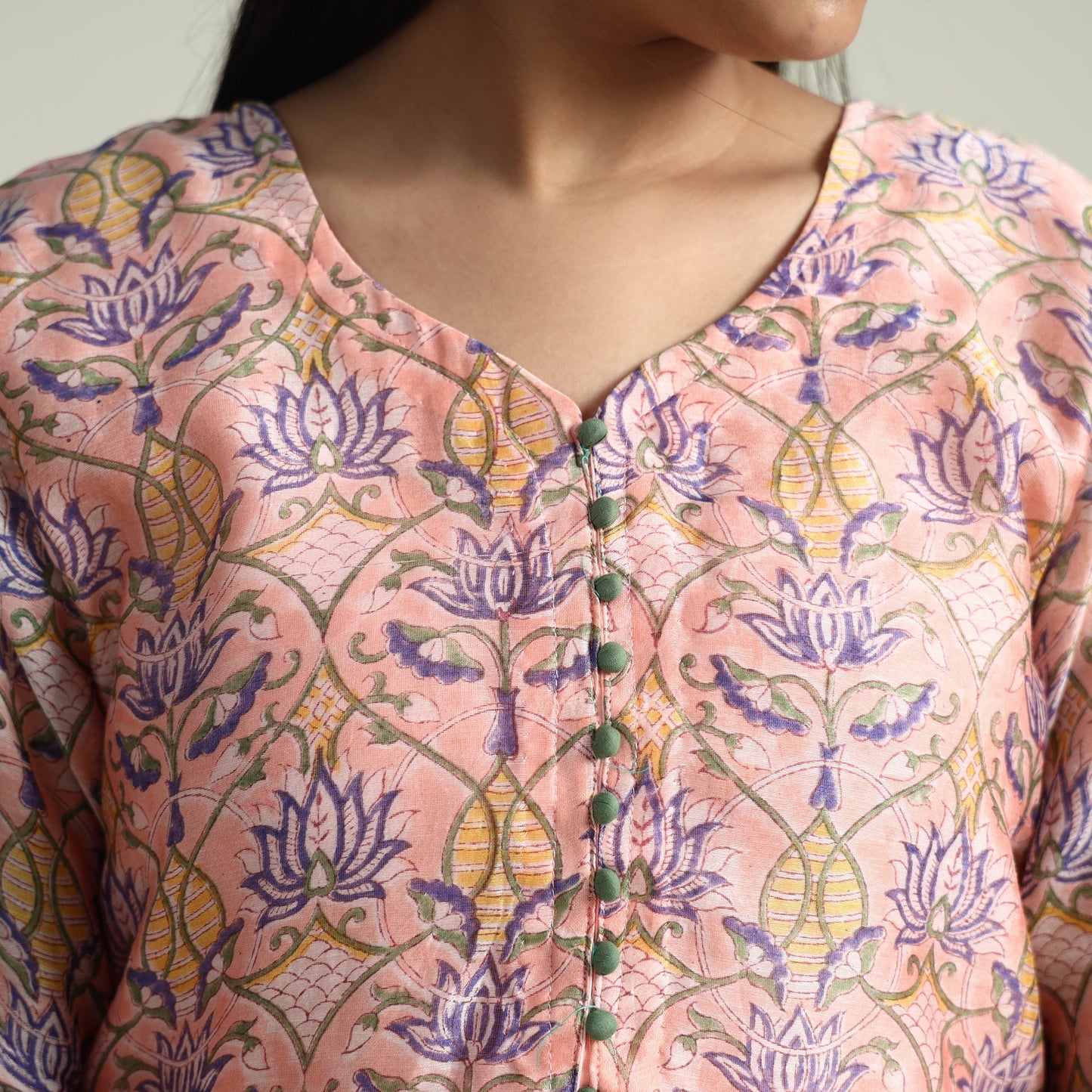Peach Sanganeri Block Printed Maheshwari Silk Kurta with Palazzo & Dupatta Set