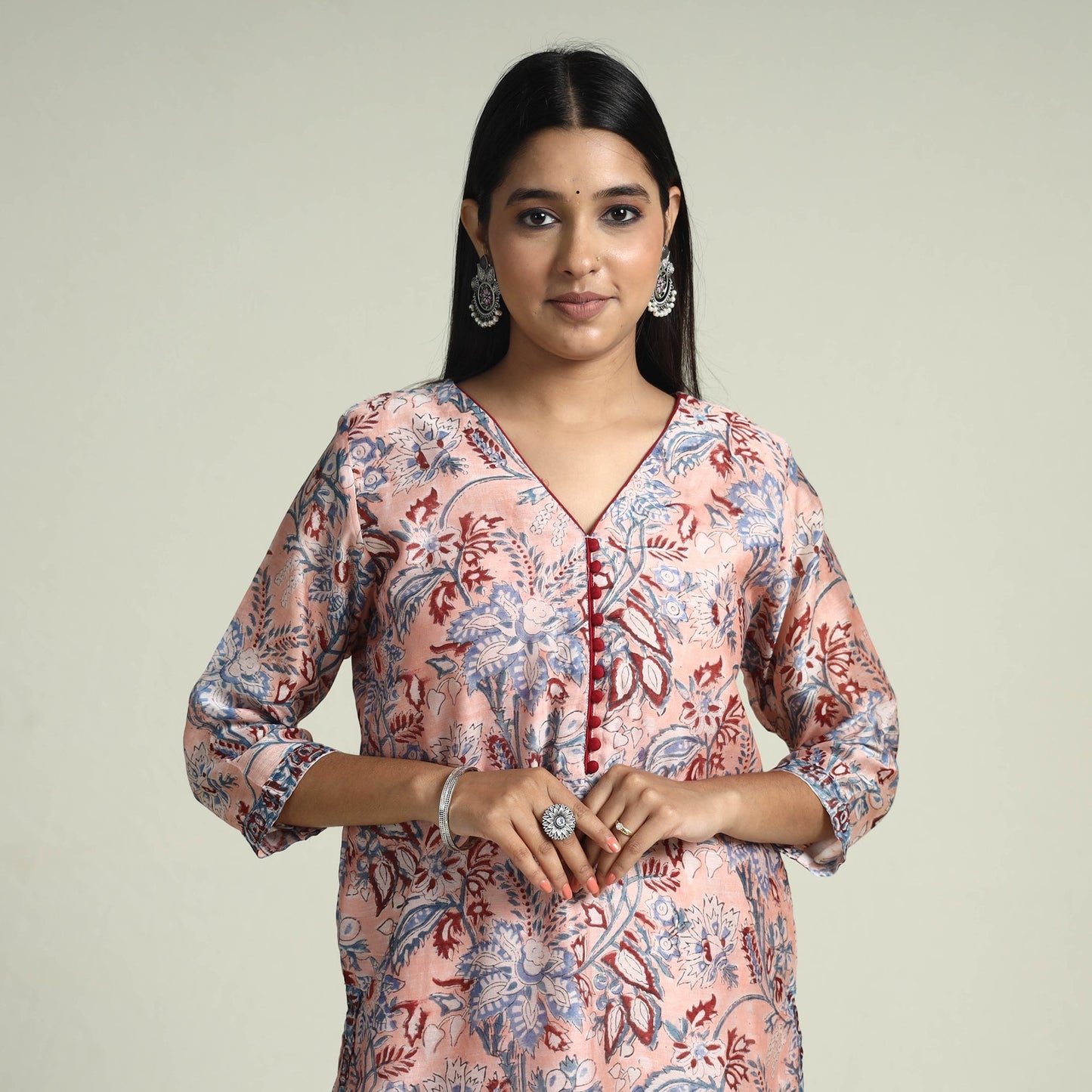 Peach - Sanganeri Block Printed Maheshwari Silk Kurta with Palazzo & Dupatta Set