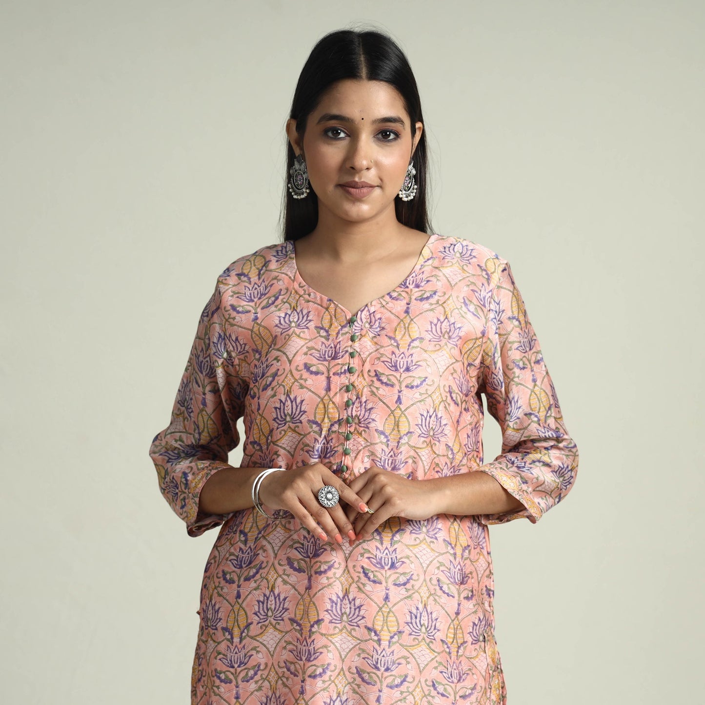 Peach Sanganeri Block Printed Maheshwari Silk Kurta with Palazzo & Dupatta Set