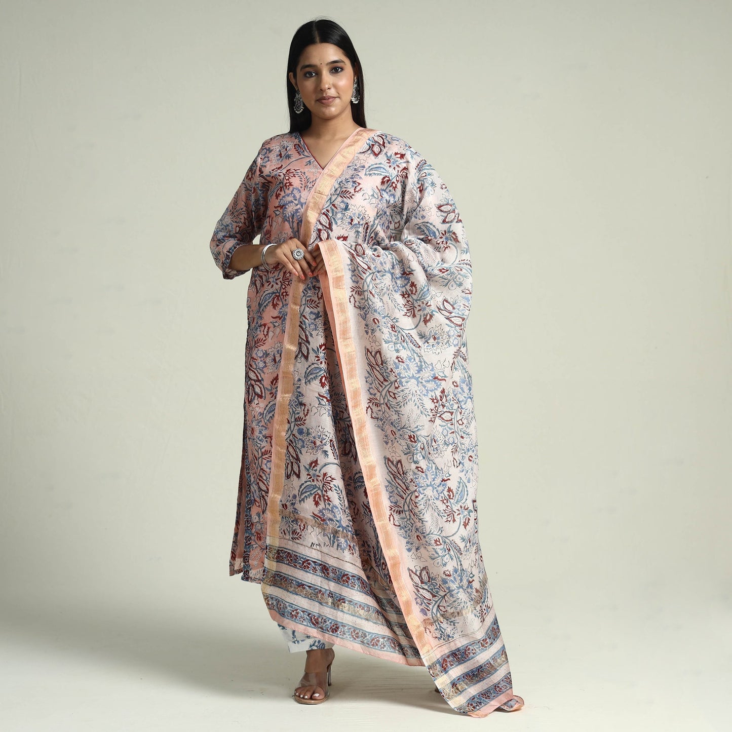 Peach - Sanganeri Block Printed Maheshwari Silk Kurta with Palazzo & Dupatta Set