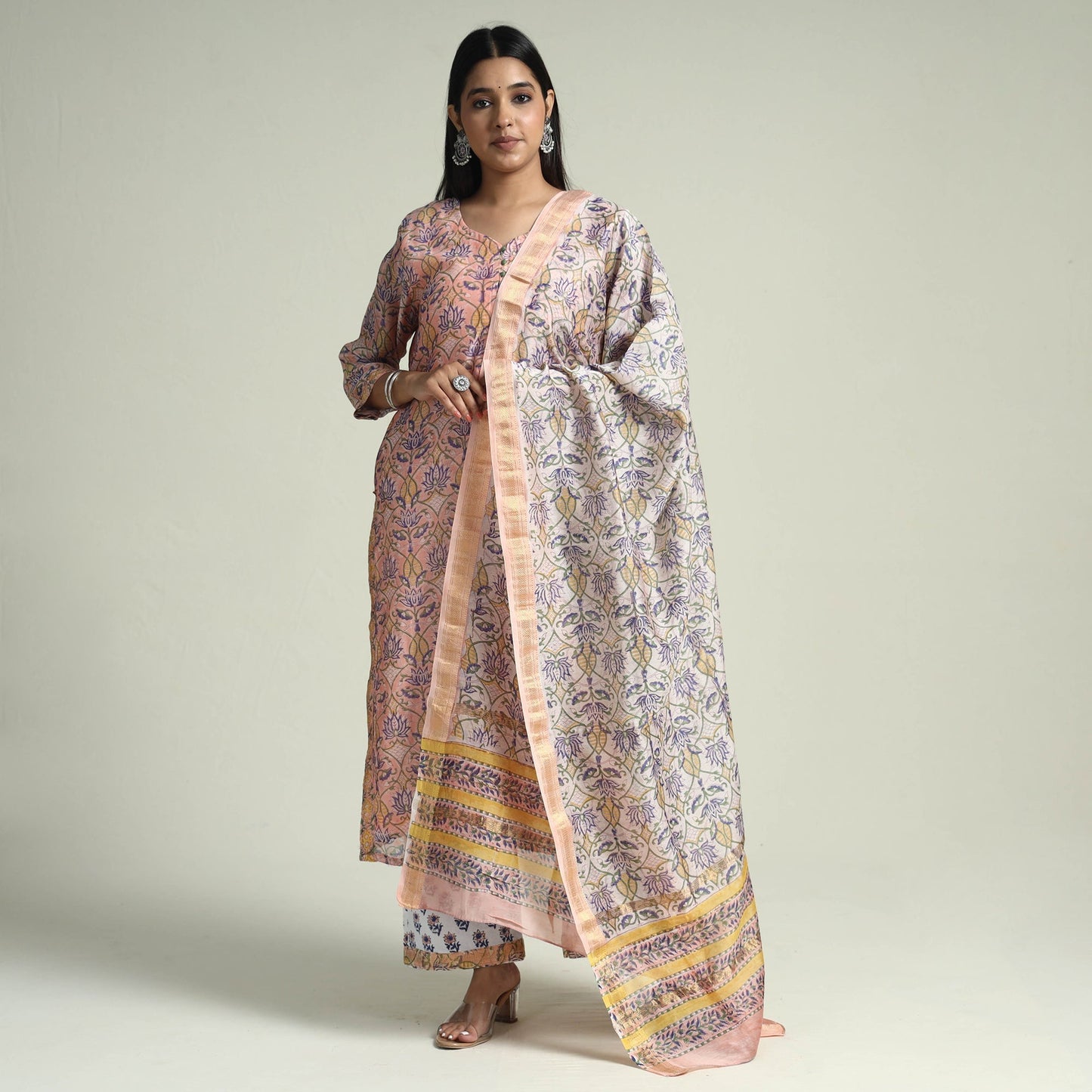 Peach Sanganeri Block Printed Maheshwari Silk Kurta with Palazzo & Dupatta Set