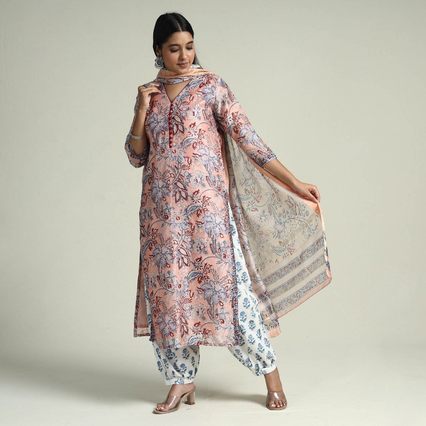 Peach - Sanganeri Block Printed Maheshwari Silk Kurta with Palazzo & Dupatta Set