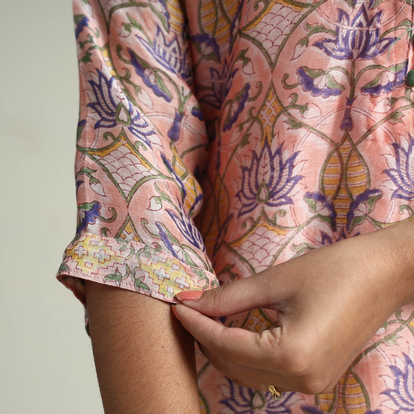 Peach Sanganeri Block Printed Maheshwari Silk Kurta with Palazzo & Dupatta Set