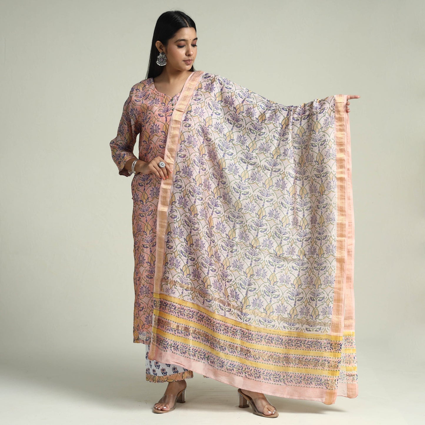 Peach Sanganeri Block Printed Maheshwari Silk Kurta with Palazzo & Dupatta Set