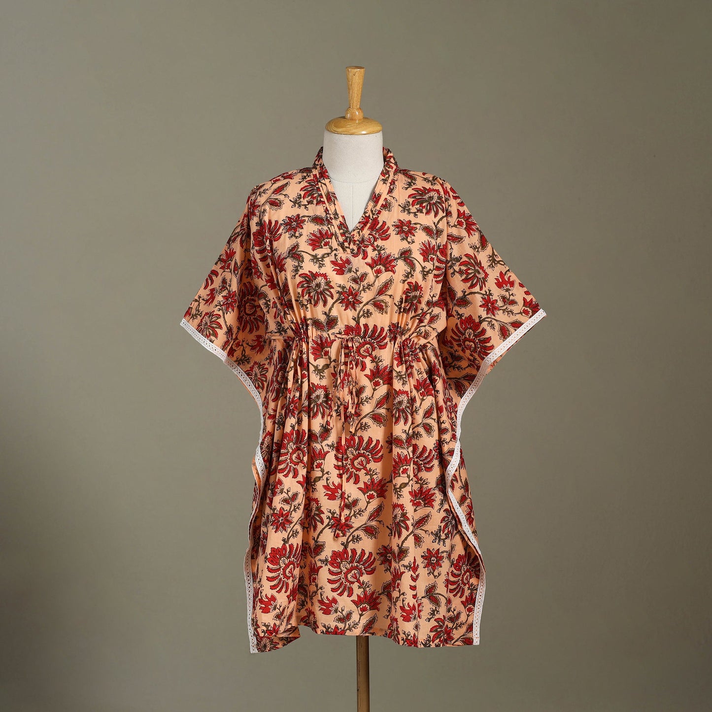 Peach Sanganeri Block Print Cotton Kaftan (Medium)