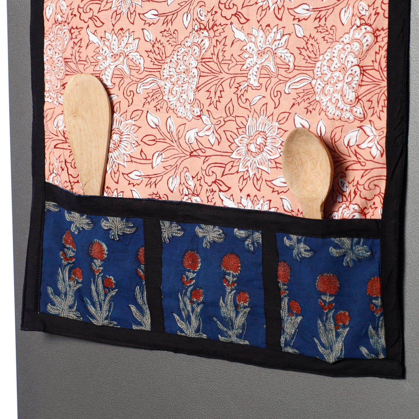 Peach Sanganeri Block Printed Cotton Fridge Top Cover with Multiple Pockets
