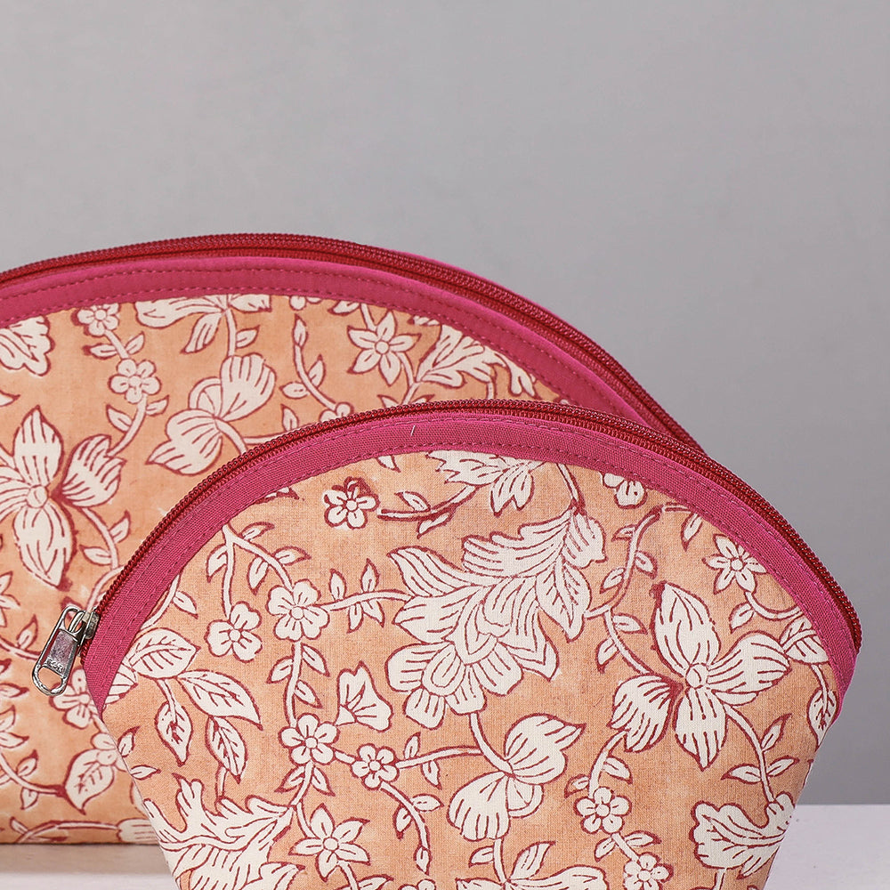 Peach Sanganeri Block Printing Cotton Toiletry Bags