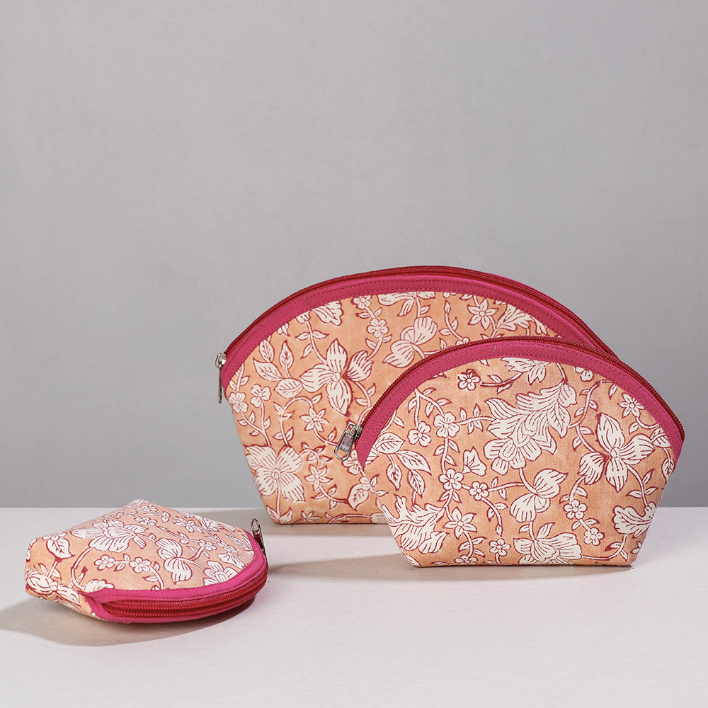 Peach Sanganeri Block Printing Cotton Toiletry Bags