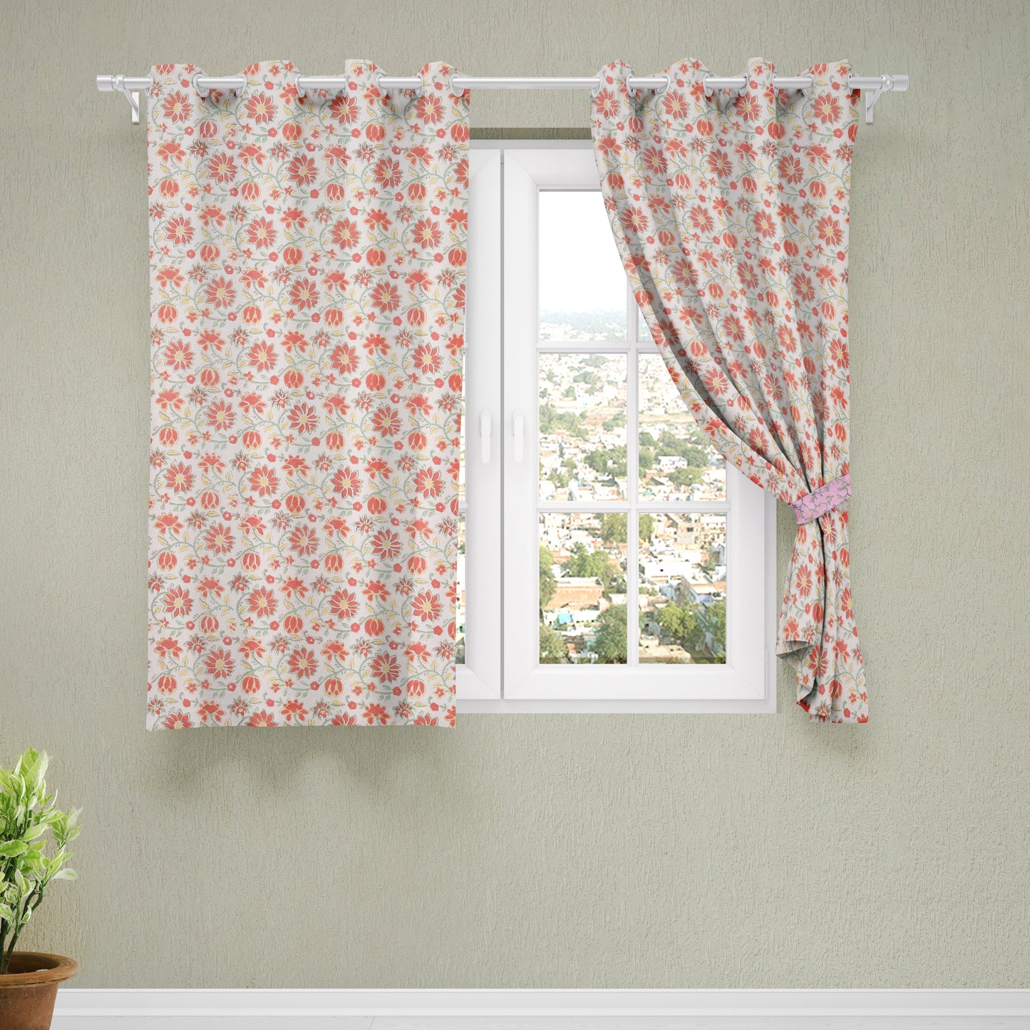 Peach - sanganeri pure cotton fabric window curtain (60 x