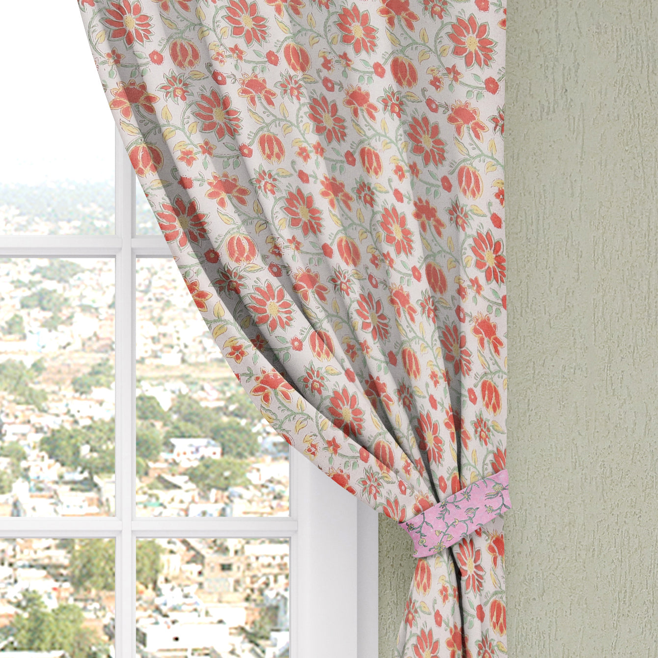 Peach - sanganeri pure cotton fabric window curtain (60 x