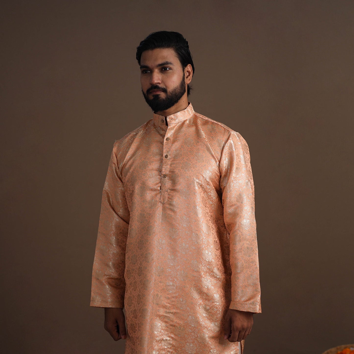 Peach Semi Silk Brocade Banarasi Men Kurta