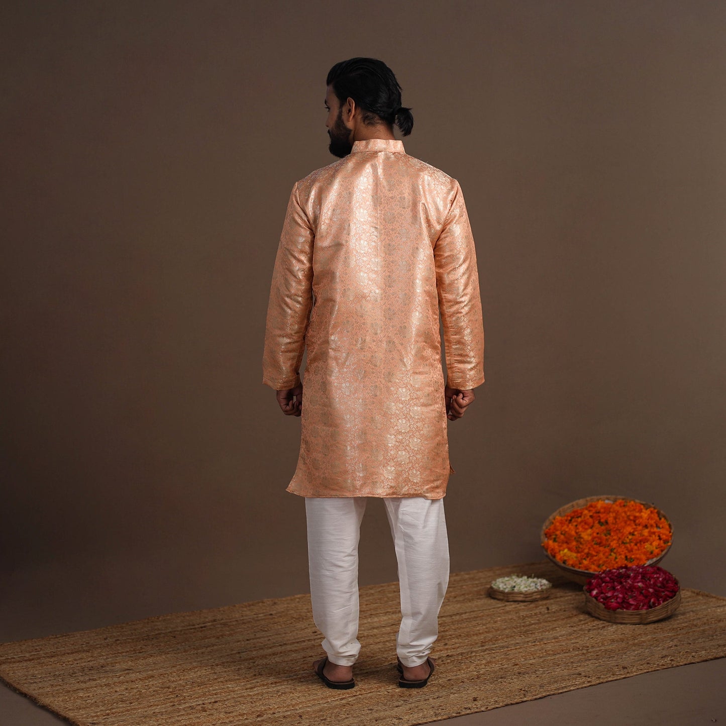 Peach Semi Silk Brocade Banarasi Men Kurta