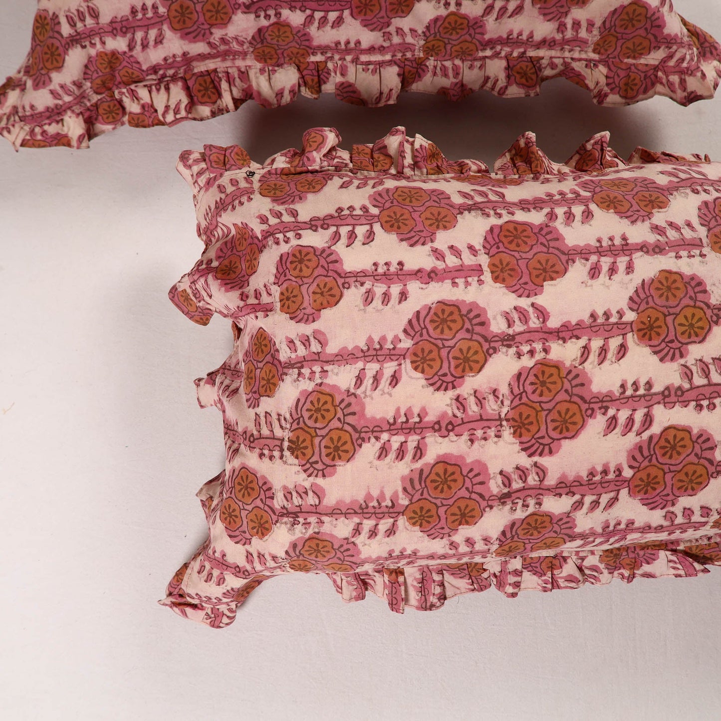 Peach - set of 2 bagru cotton frill pillow covers 39