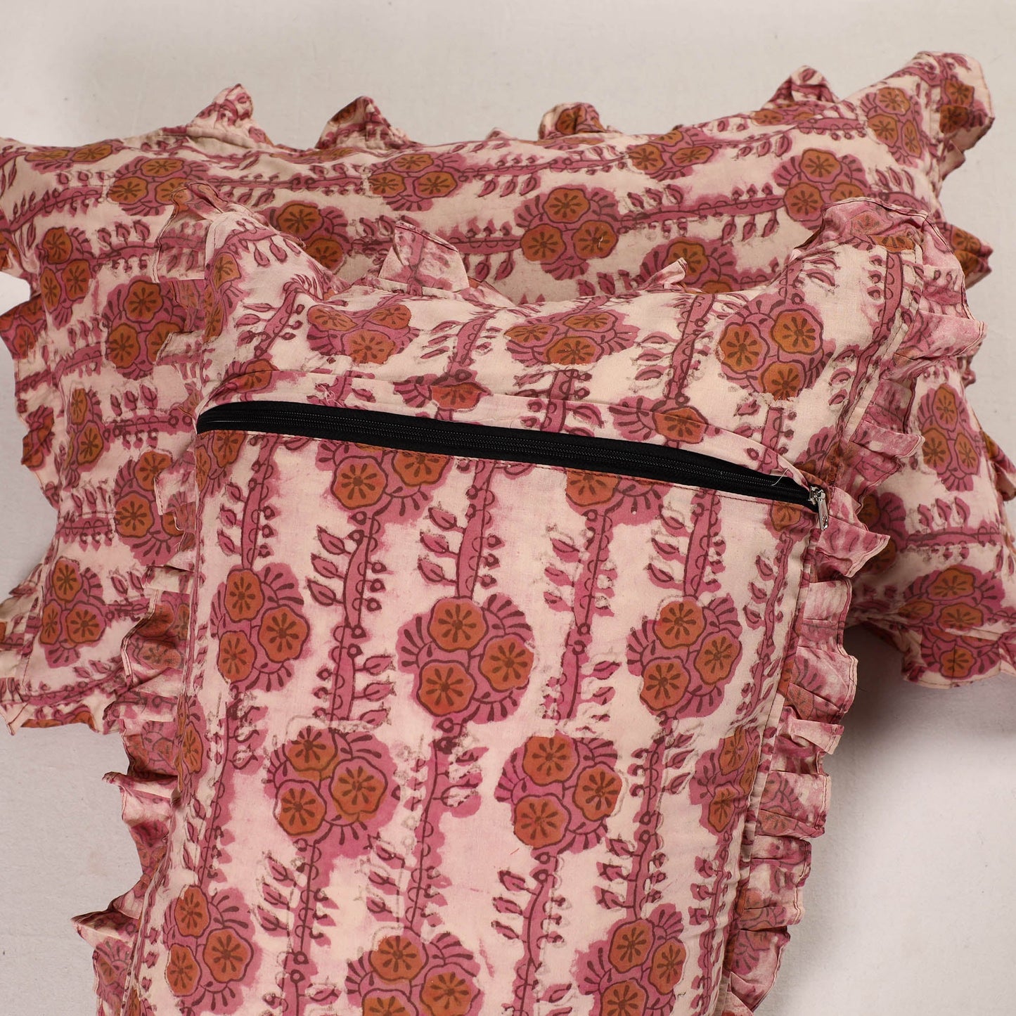 Peach - set of 2 bagru cotton frill pillow covers 39