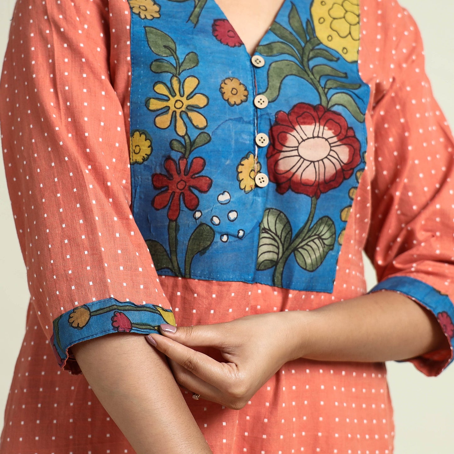 Srikalahasti Kalamkari Patchwork Jacquard Cotton Long kurta