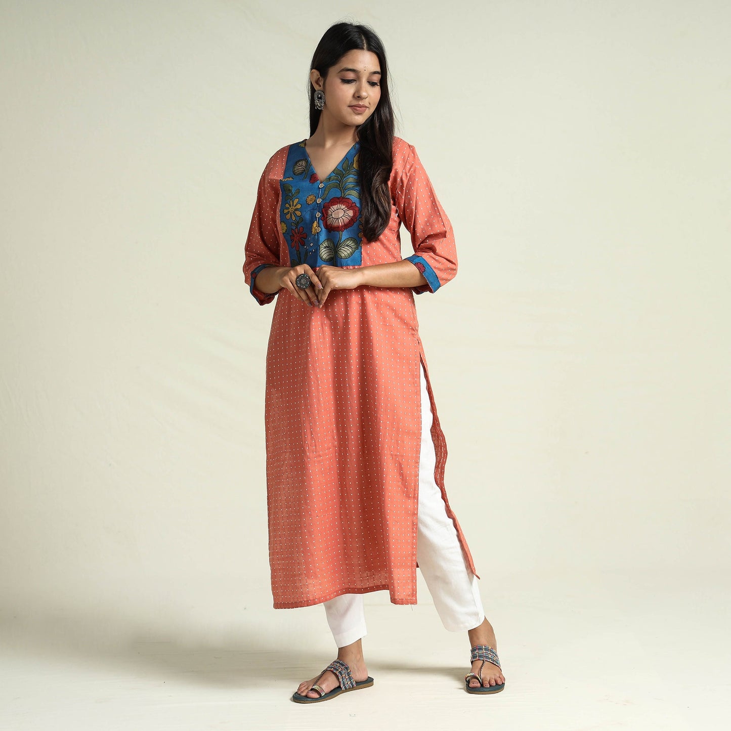 Srikalahasti Kalamkari Patchwork Jacquard Cotton Long kurta
