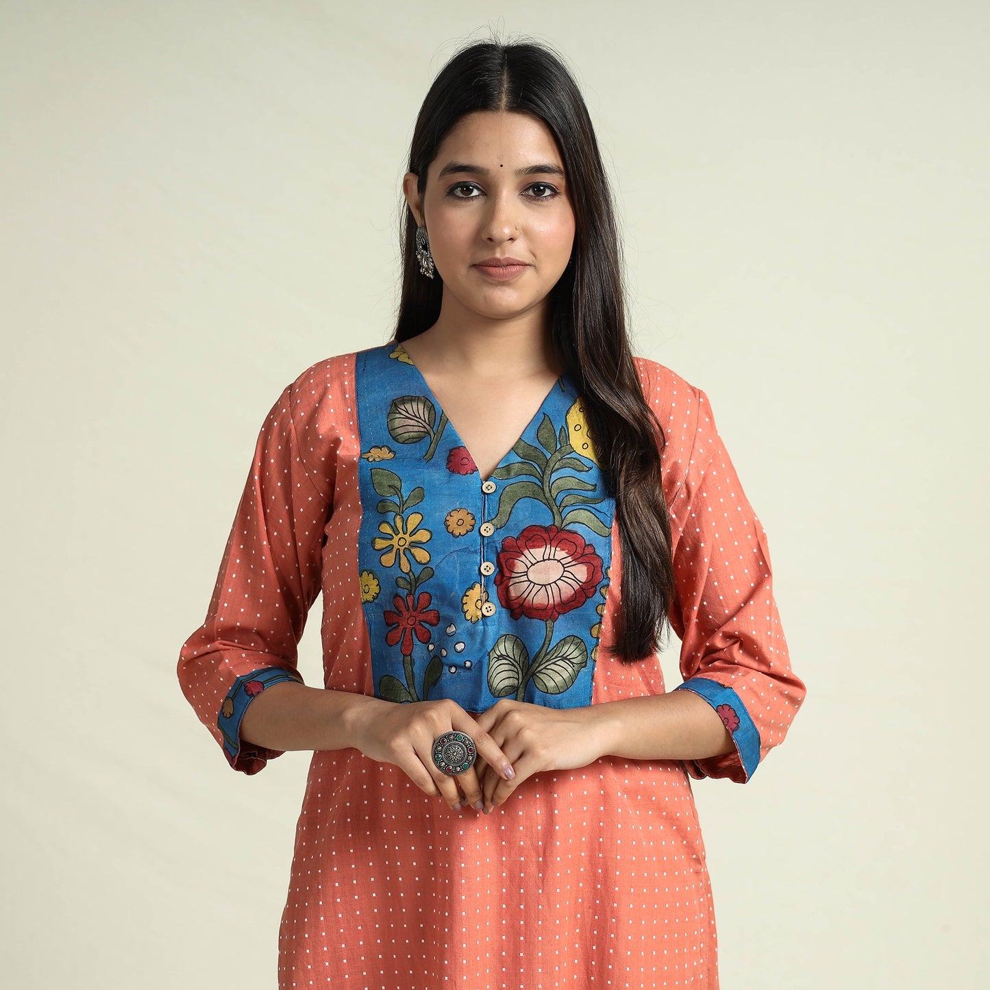 Srikalahasti Kalamkari Patchwork Jacquard Cotton Long kurta