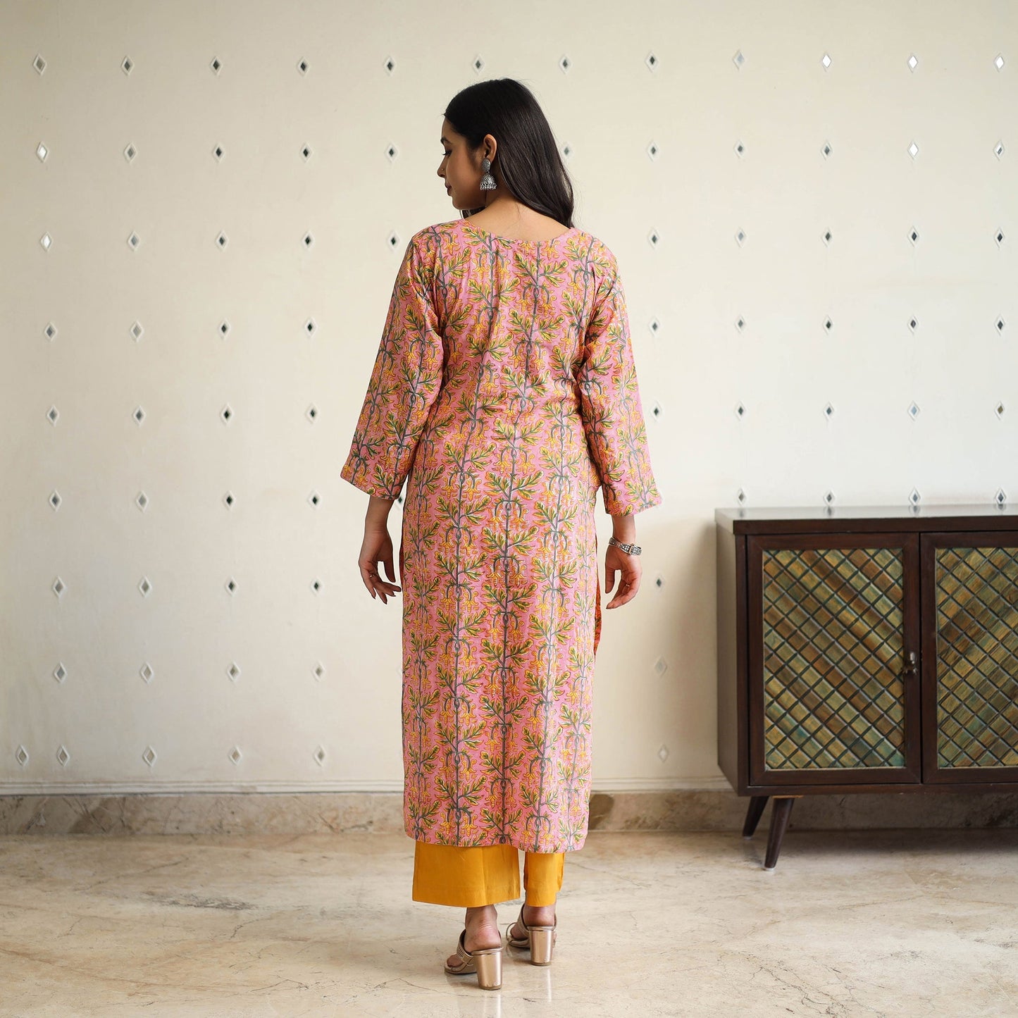 Peach Straight Cotton Block Print Sanganeri Kurta