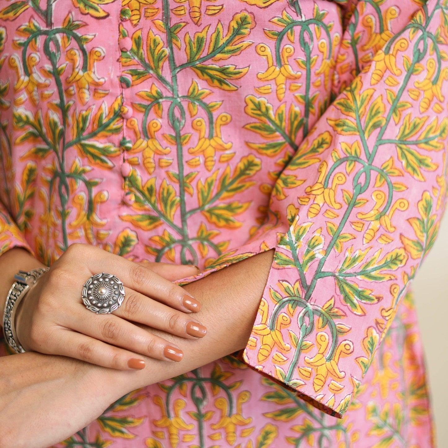 Peach Straight Cotton Block Print Sanganeri Kurta