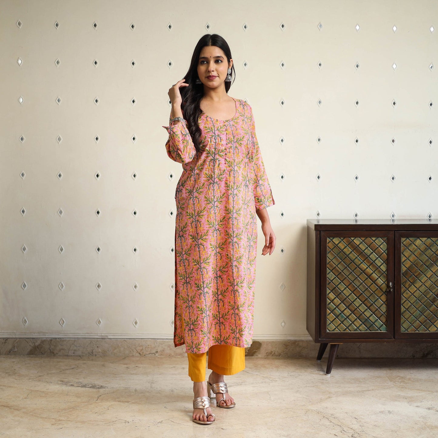 Peach Straight Cotton Block Print Sanganeri Kurta