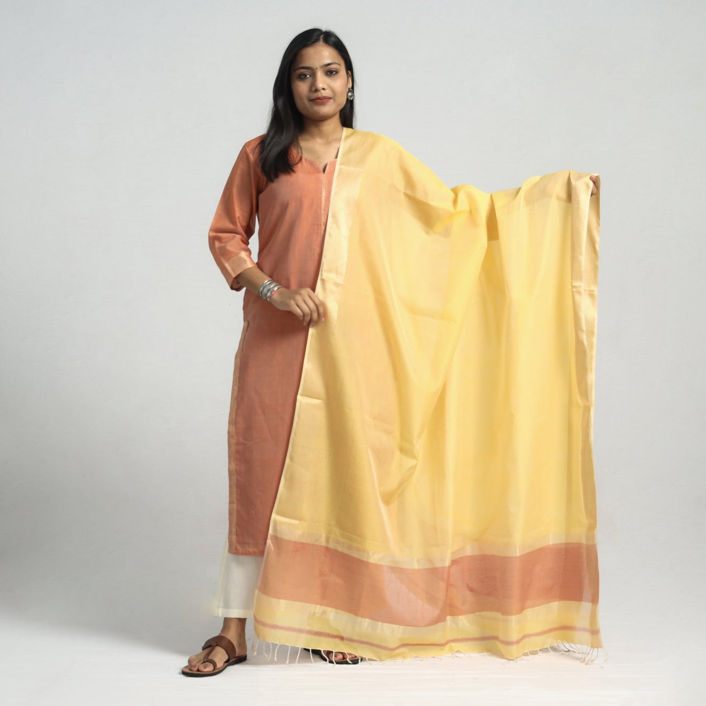 Traditional Maheshwari Handloom Silk Cotton Checks Kurta with Dupatta Set