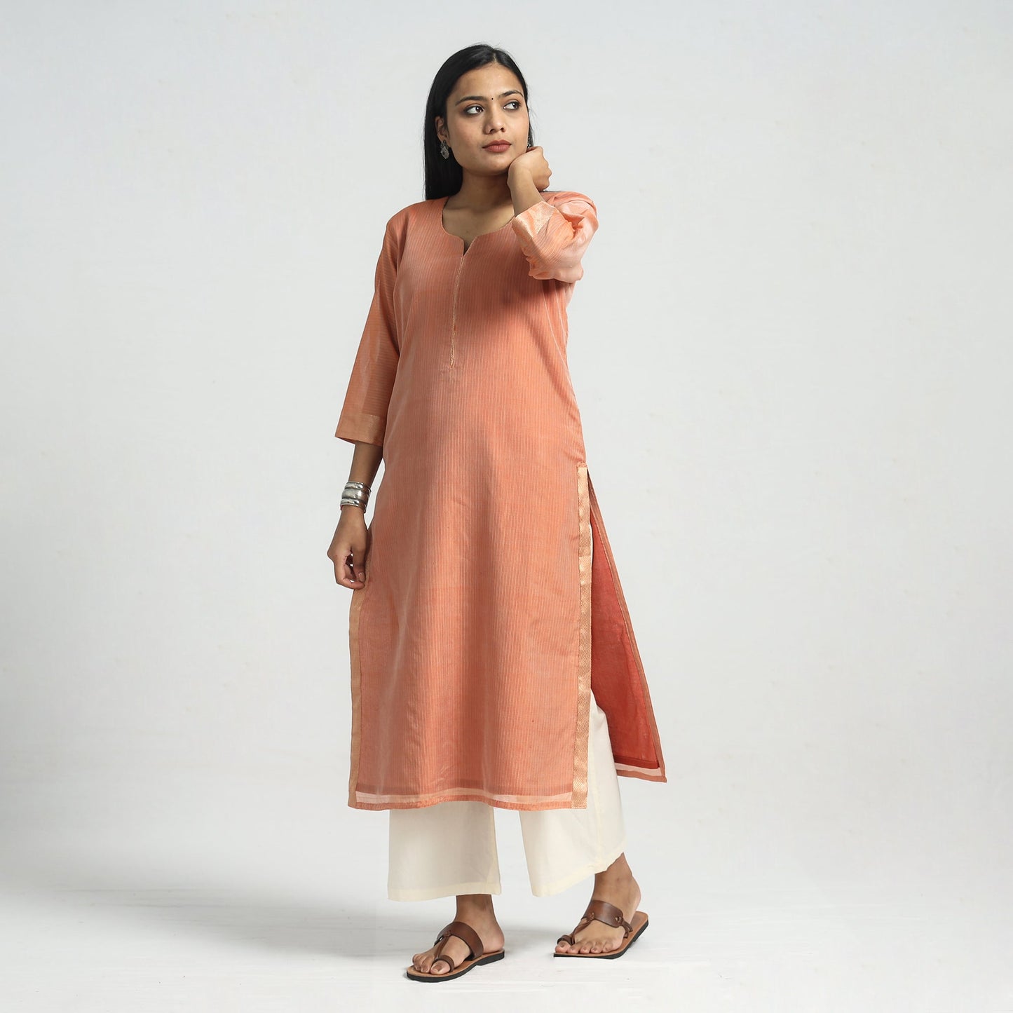 Traditional Maheshwari Handloom Silk Cotton Checks Kurta with Dupatta Set