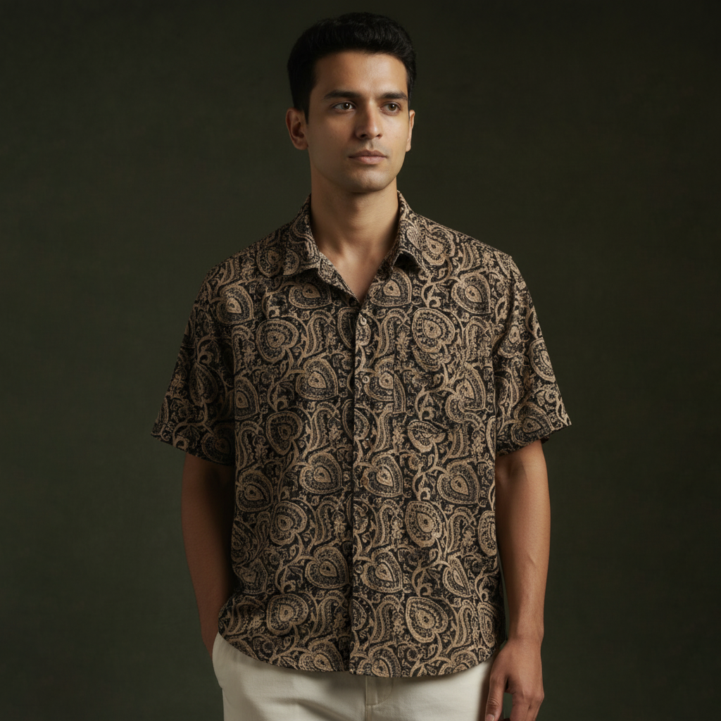 Pedana hand block print natural dyed cotton half sleeve men