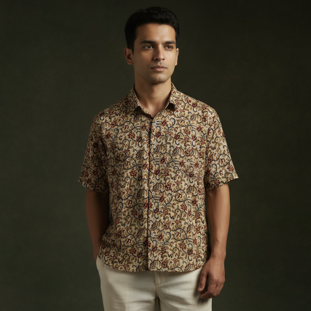 Pedana hand block print natural dyed cotton half sleeve men