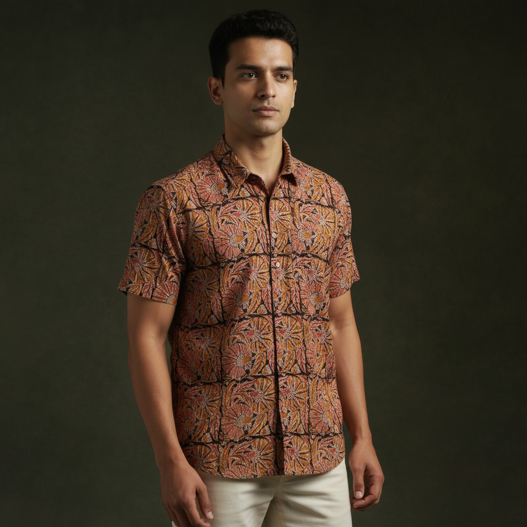 Pedana hand block print natural dyed cotton half sleeve men