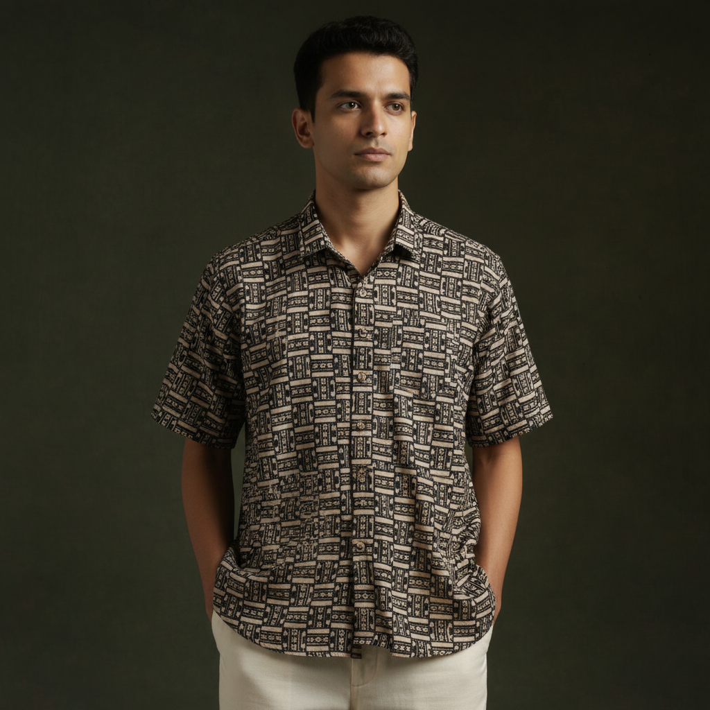 Pedana hand block print natural dyed cotton half sleeve men