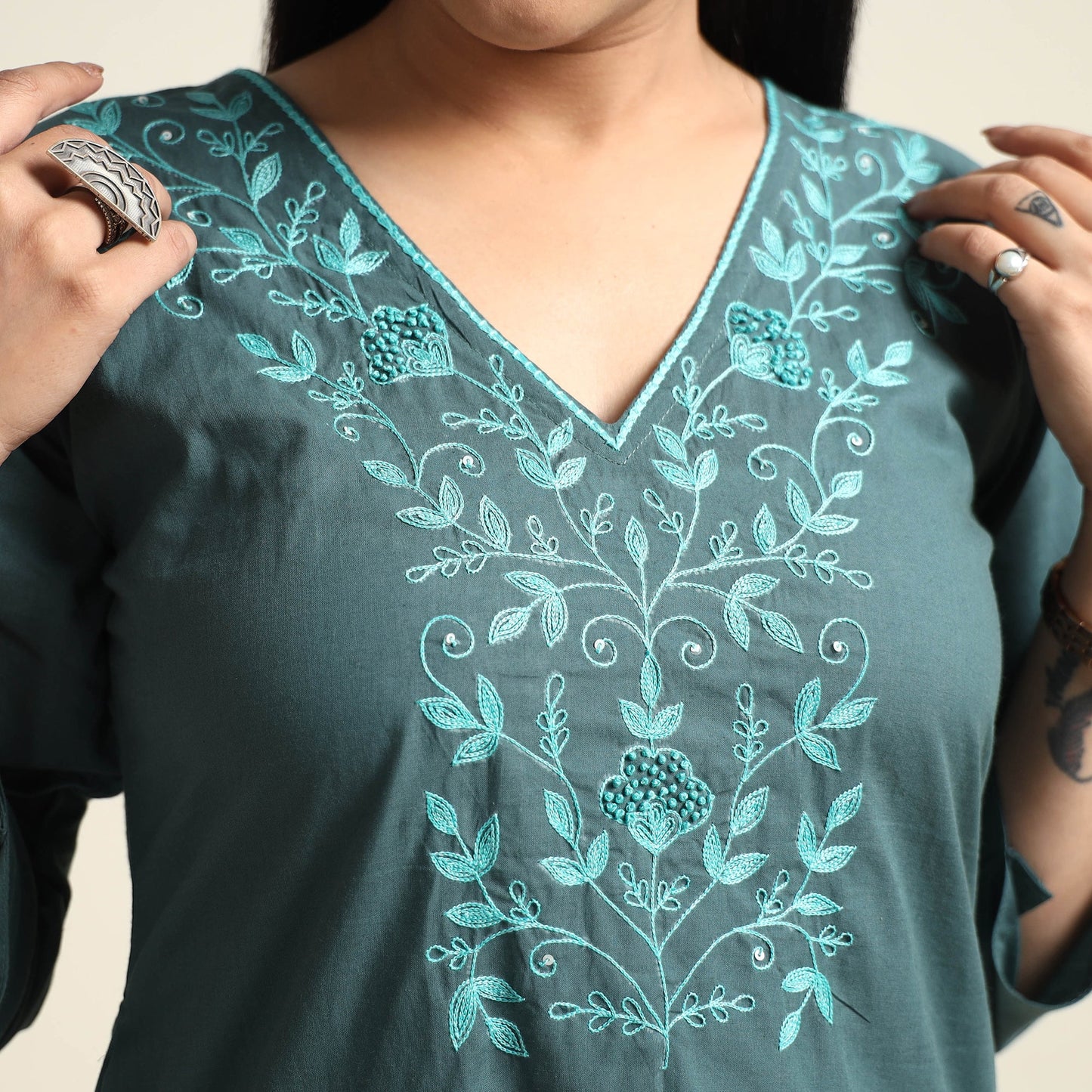 Plain Dyed Hand Embroidery Cotton Long Kurta