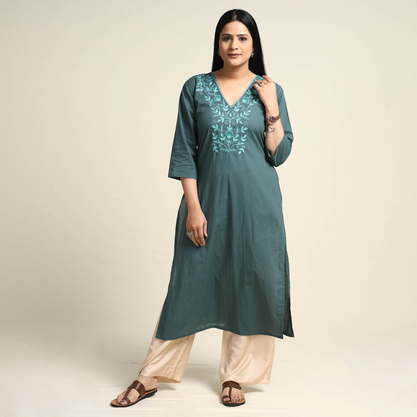 Plain Dyed Hand Embroidery Cotton Long Kurta