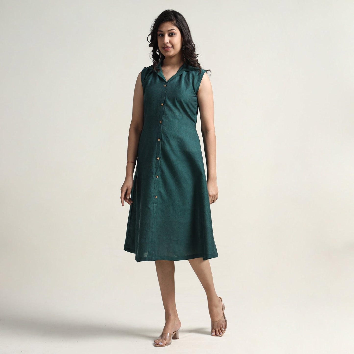 Persian Green - Plain Handloom Cotton Collared Neck Buttoned Down Dress