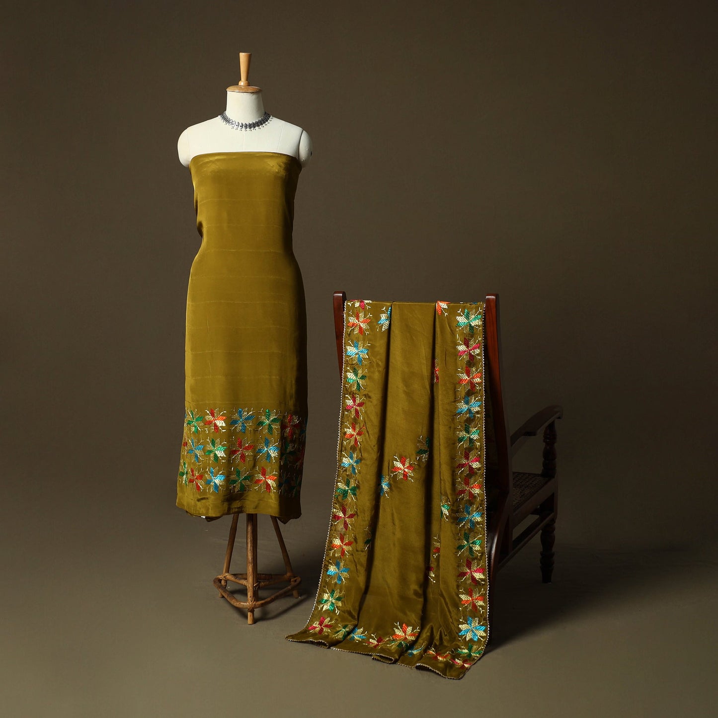 Phulkari hand embroidered crepe silk 3pc unstitched dress