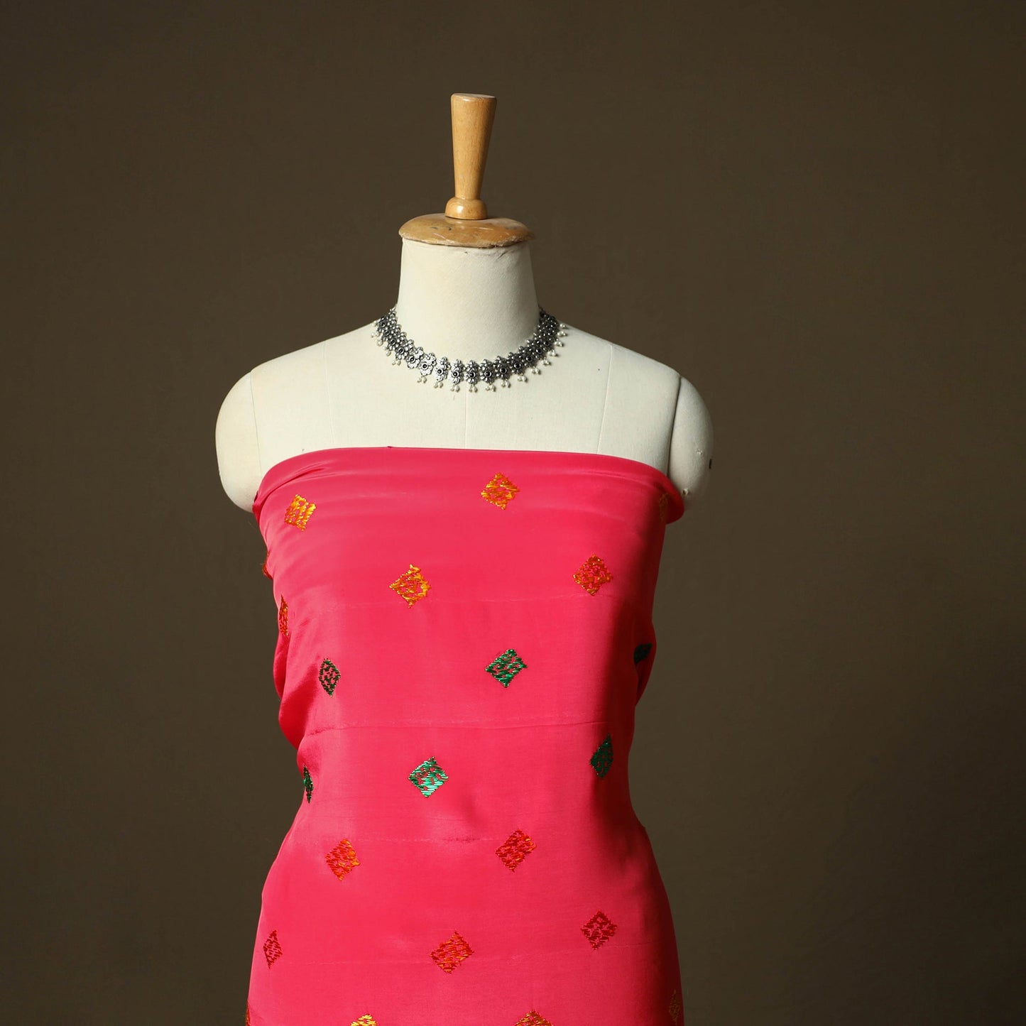 Phulkari hand embroidered crepe silk 3pc unstitched dress