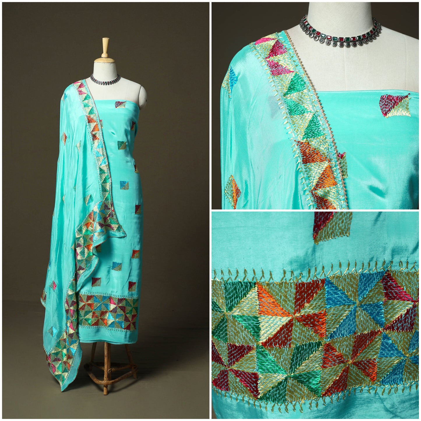 Phulkari hand embroidered crepe silk 3pc unstitched dress