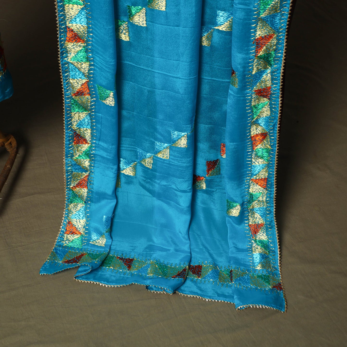 Phulkari hand embroidered crepe silk 3pc unstitched dress
