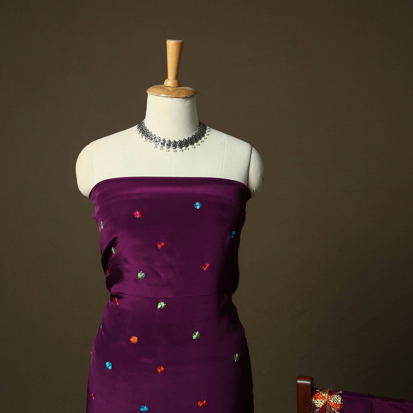Phulkari hand embroidered crepe silk 3pc unstitched dress