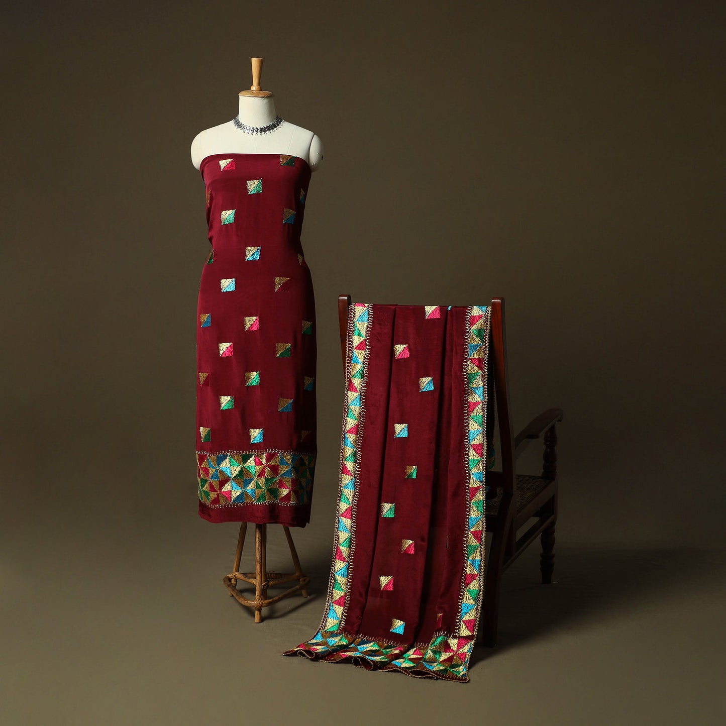 Phulkari hand embroidered crepe silk 3pc unstitched dress