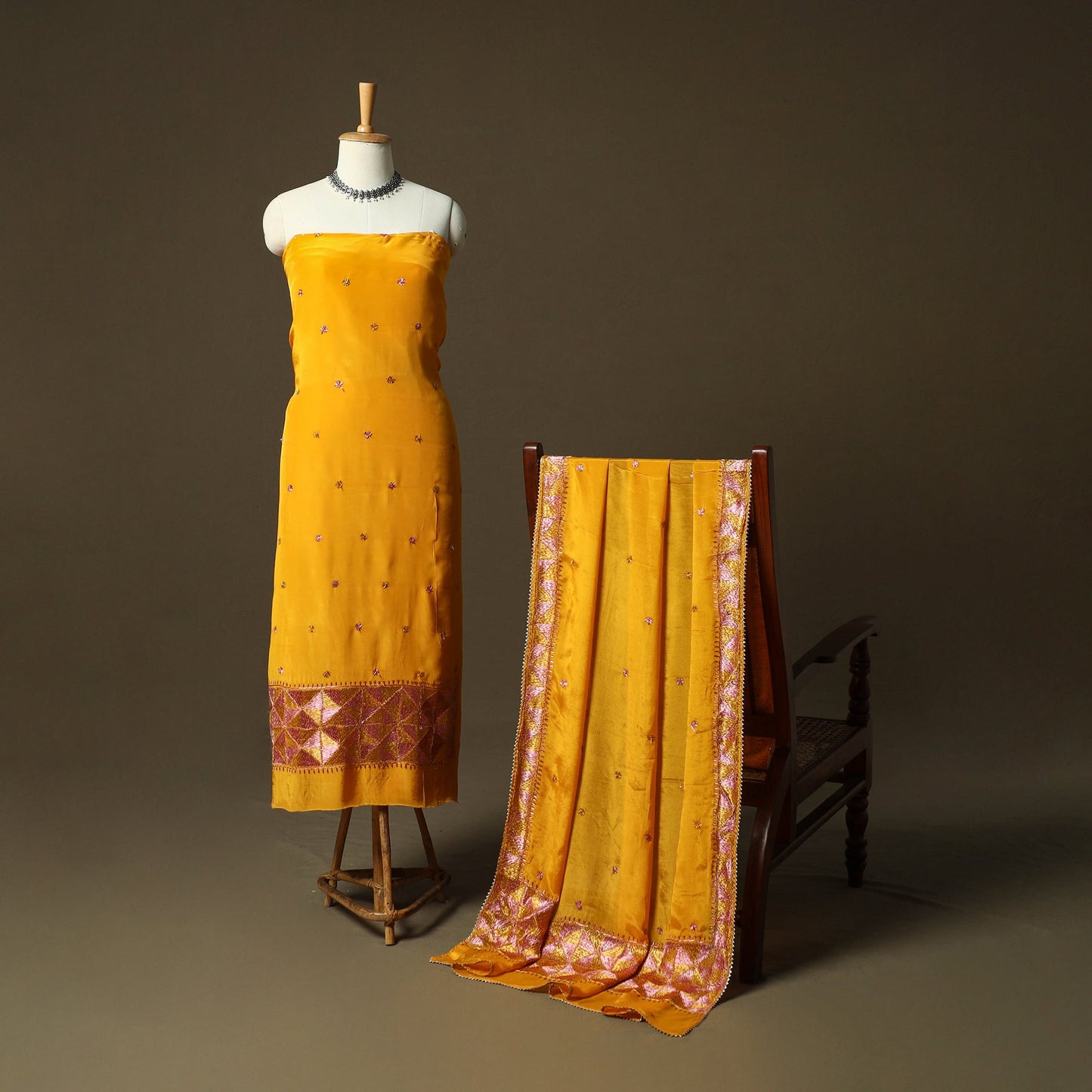 Phulkari hand embroidered crepe silk 3pc unstitched dress