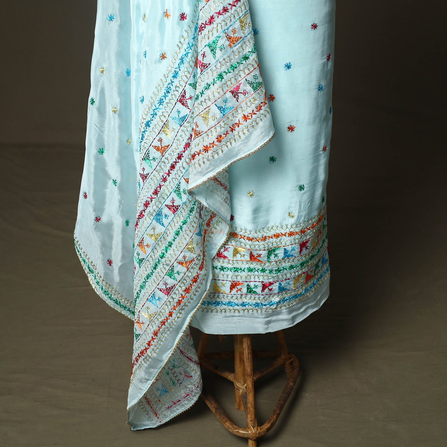 Phulkari hand embroidered crepe silk 3pc unstitched dress