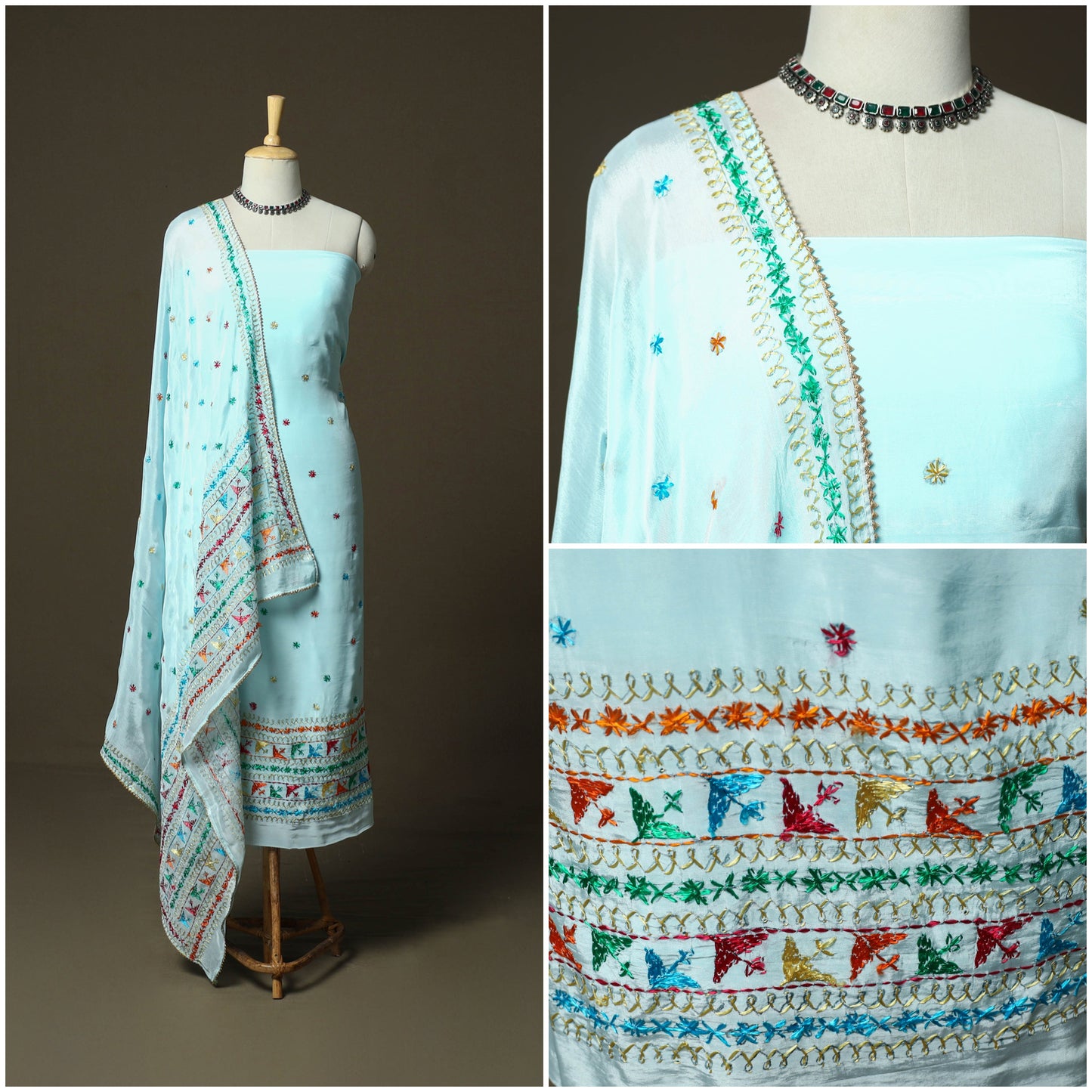 Phulkari hand embroidered crepe silk 3pc unstitched dress