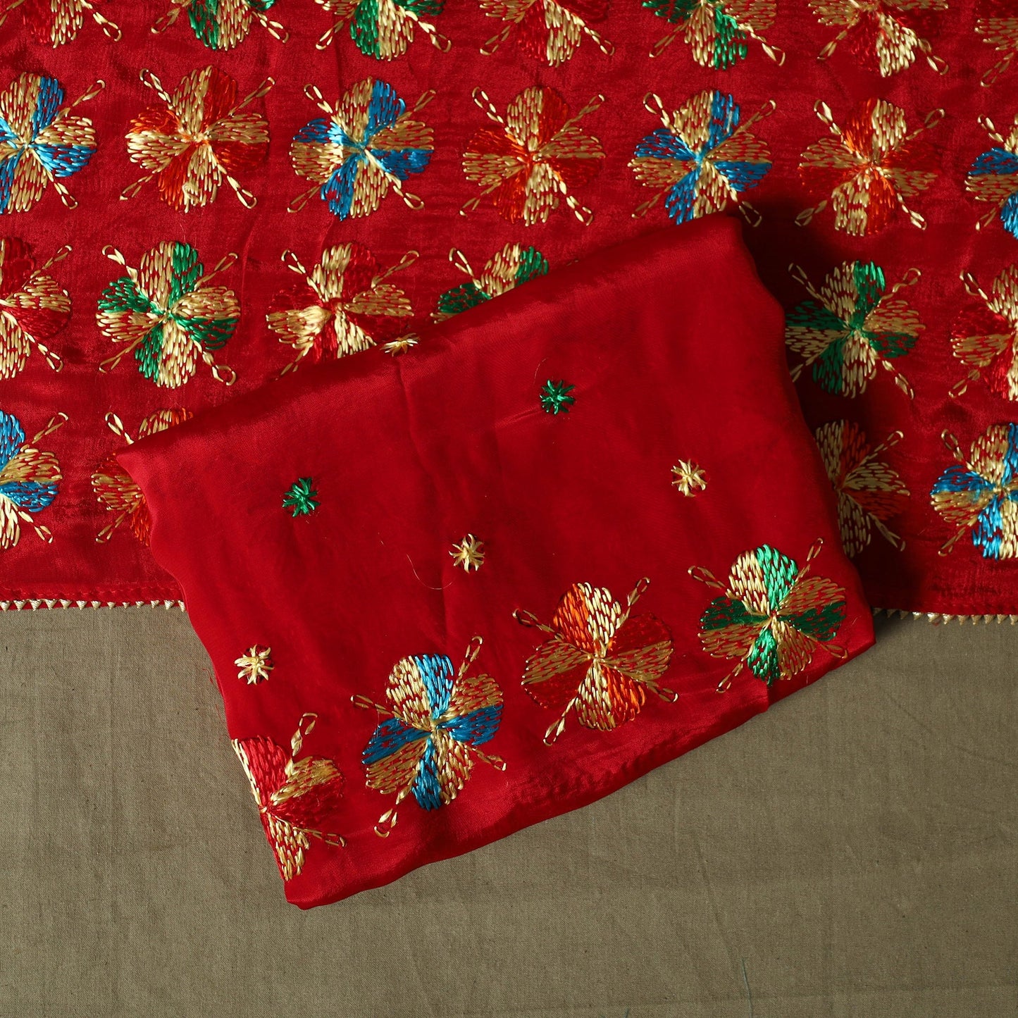 Phulkari hand embroidered crepe silk 3pc unstitched dress