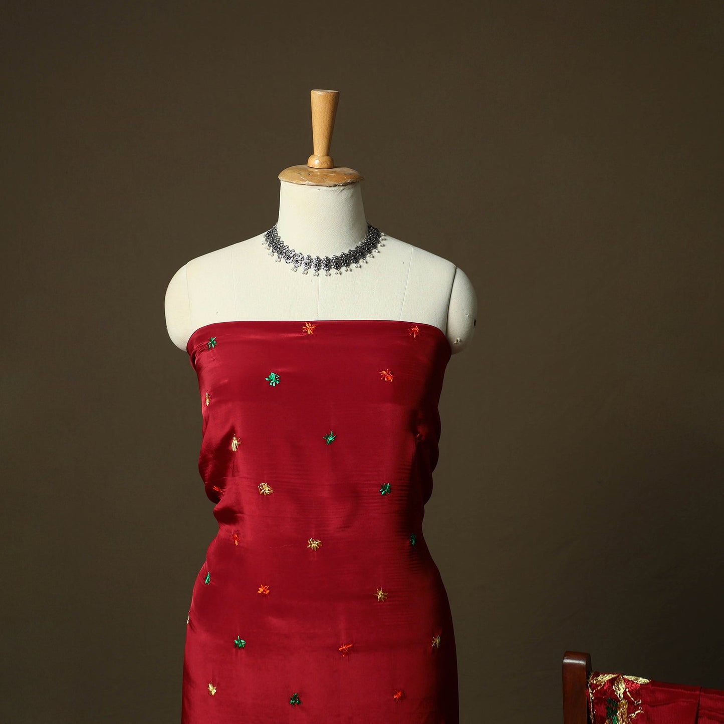 Phulkari hand embroidered crepe silk 3pc unstitched dress